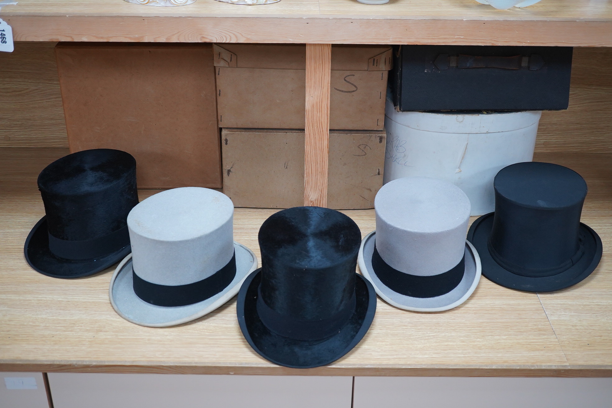 A group of five assorted top and bowler hats, boxed. Condition- varies